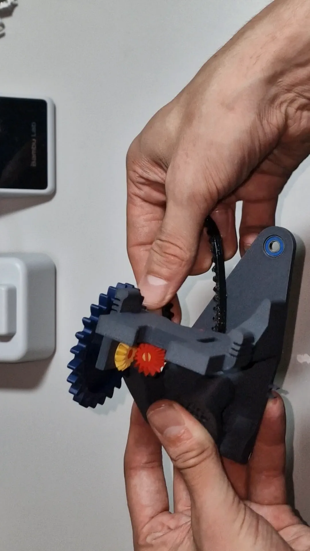 The completed printed Mechams mechanism with both bevel gears and the TPU belt