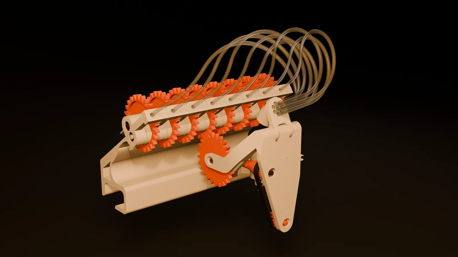 CAD render of eight Mechams docking stations on the top bar and the toolhead module