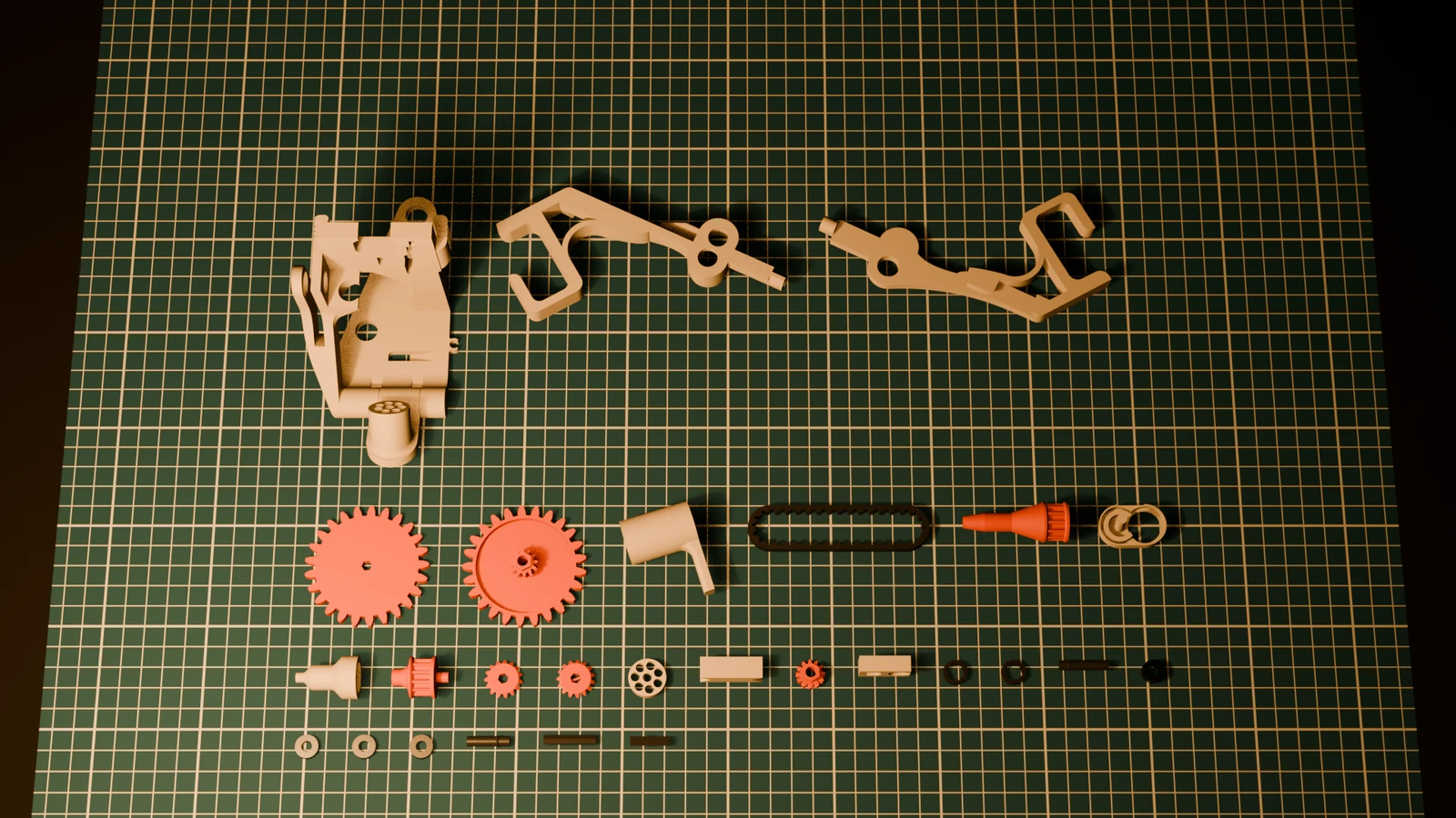 CAD render of selected Mechams toolhead and docking-station components, including bought bearings, on a cutting mat